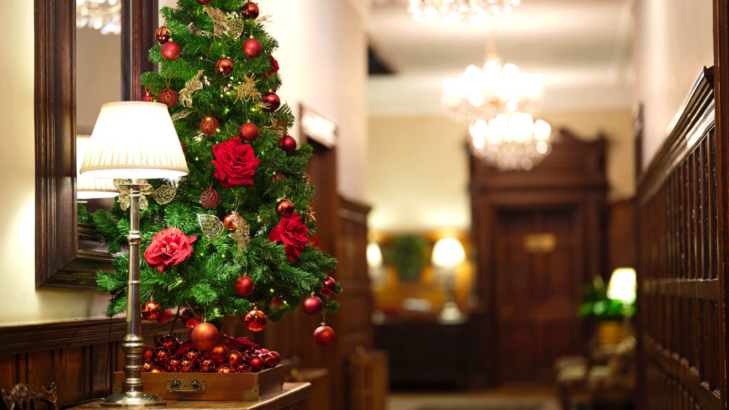 Hotel hall decorated for the festive season - Rowton Hall Hotel, Chester