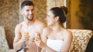 Relaxing with a glass of Champagne in the spa - Rowton Hall Hotel & Spa, Chester
