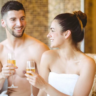 Relaxing with a glass of Champagne in the spa - Rowton Hall Hotel & Spa, Chester