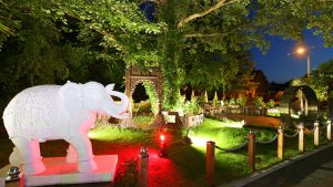 White elephant statue and South Indian inspired sculptures line the driveway- Donnington Manor Hotel, Sevenoaks