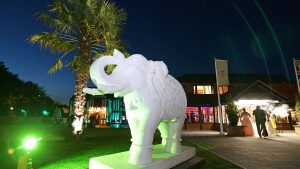 A large white elephant statue greets guests for a wedding - Donnington Manor Hotel, Sevenoaks