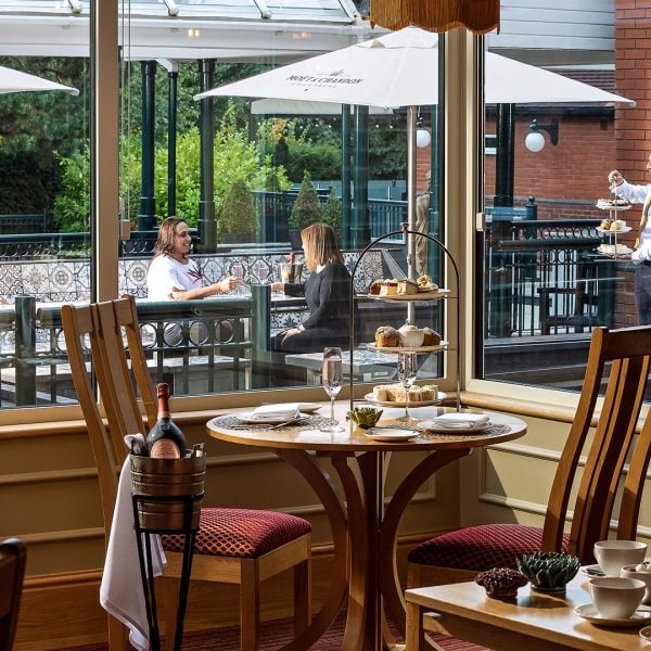 Afternoon tea and chilled Champagne in Restaurant 178 with views over the patio - Fairlawns Hotel & Spa, Walsall