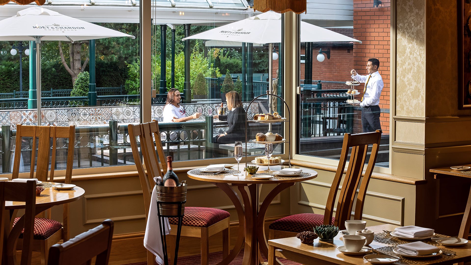 Afternoon tea and chilled Champagne in Restaurant 178 with views over the patio - Fairlawns Hotel & Spa, Walsall