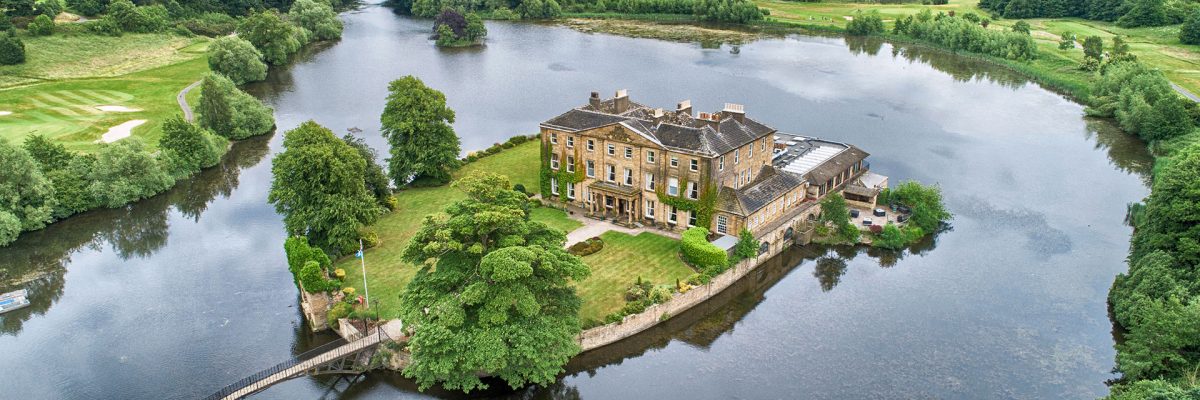 Aerial shot of Walton Hall on the island - Waterton Park Hotel, Wakefield