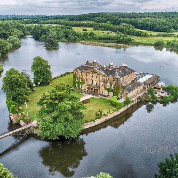 Aerial shot of Walton Hall on the island - Waterton Park Hotel, Wakefield