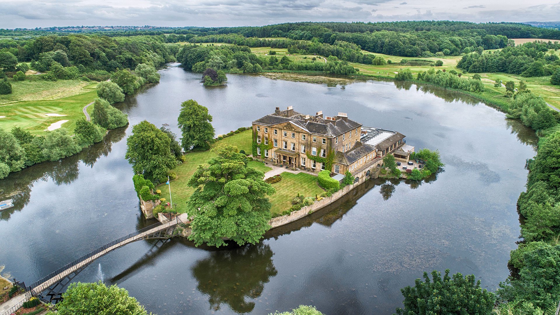 Aerial shot of Walton Hall on the island - Waterton Park Hotel, Wakefield