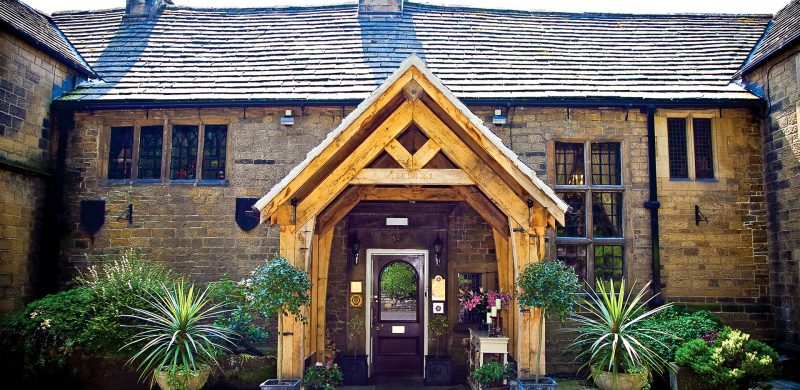 Traditional wooden porch over the entrance - Whitley Hall Hotel, Sheffield