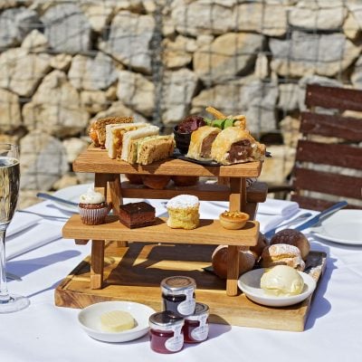 Gentlemans afternoon tea with a bottle of champagne and a craft beer, dining al fresco - Donnington Valley Hotel, Golf & Spa, Newbury