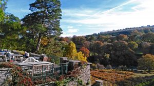 The terrace overlooking the countryside in Autumn - Gliffaes Country House Hotel, Brecon Beacons