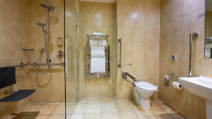 The bathroom of an accessible twin Room - Gonville Hotel, Cambridge