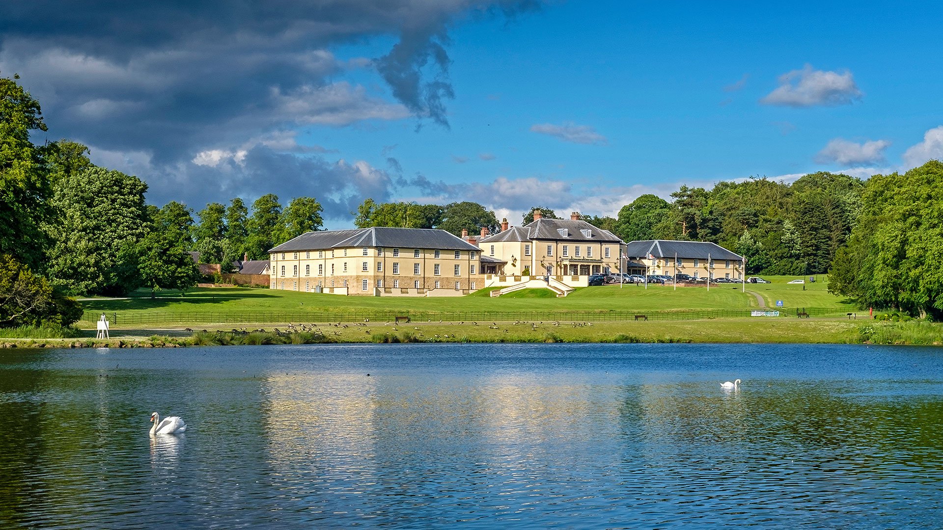Exterior shot of the hotel from across the lake - Hardwick Hall Hotel, Sedgefield