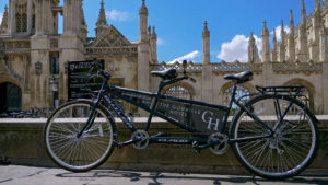 Tandem bicycle available for guests parked outside Kings College - Gonville Hotel, Cambridge