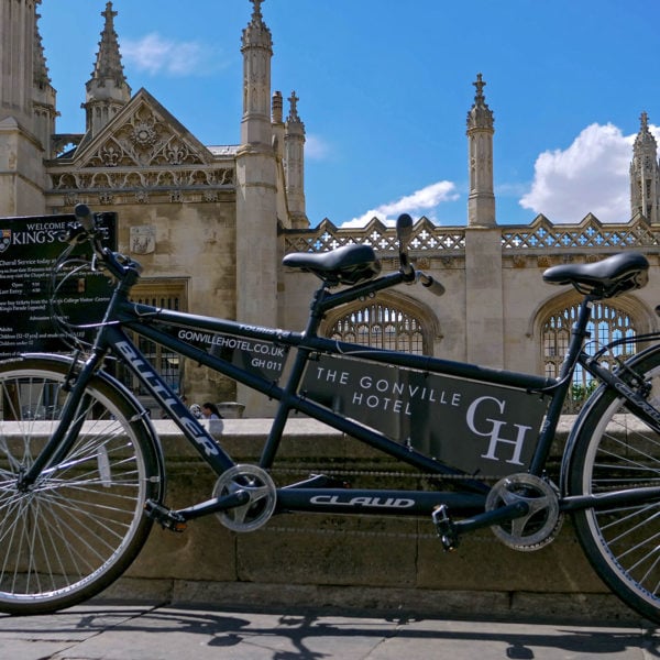 Tandem bicycle available for guests parked outside Kings College - Gonville Hotel, Cambridge