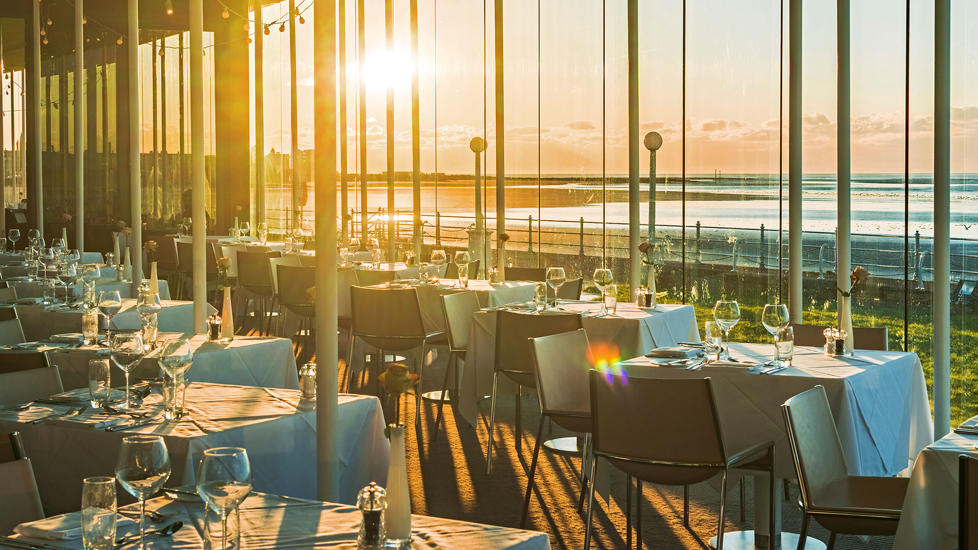 The Sun Terrace Restaurant overlooking the bay at sunset - The Midland, Morecombe